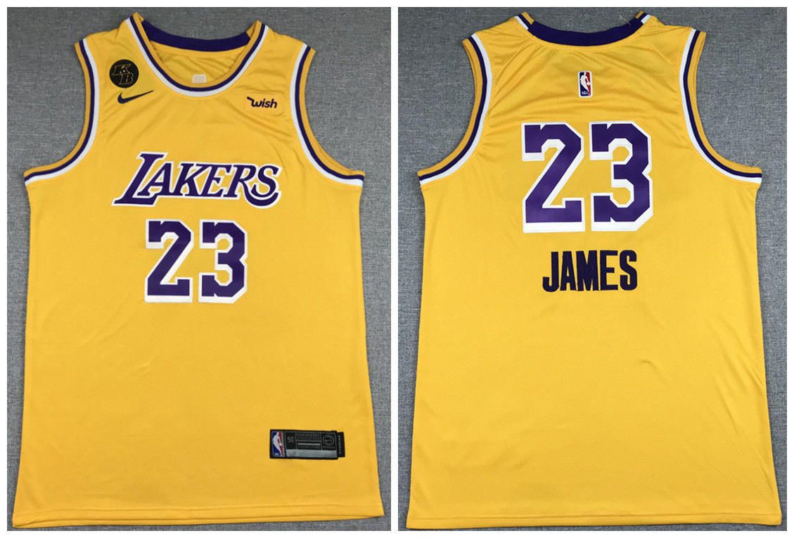 Men's Los Angeles Lakers #23 LeBron James Yellow With KB Patch Stitched Jersey